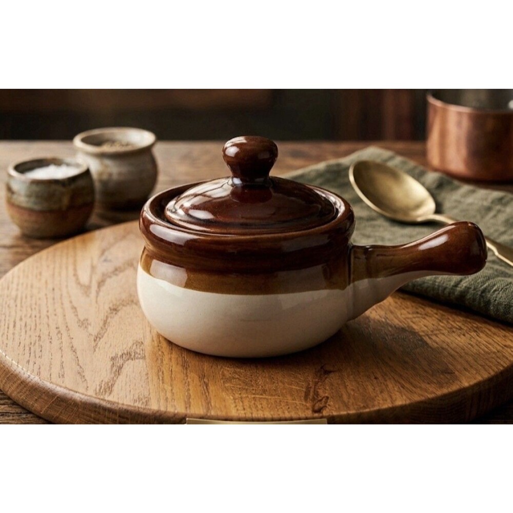 Classic 12 oz. Vintage Style Stoneware French Onion Soup Crock with Handle & Lid